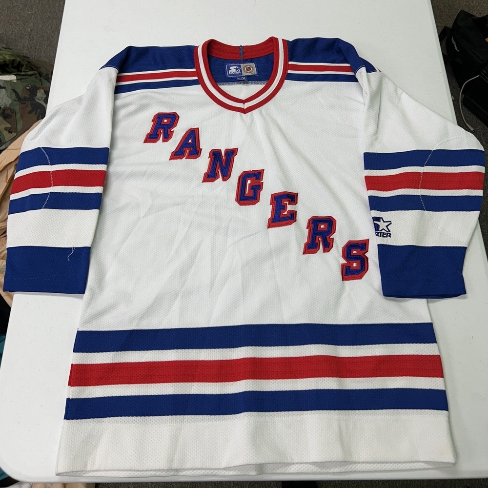 Starter Hockey Jersey boys L/XL White New York Rangers NHL Vintage V-Neck Mesh